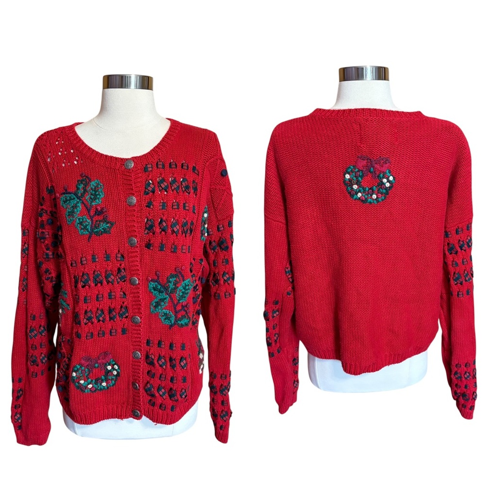 Christopher & Banks Hand Embroidered Holiday Christmas Ribbon Woven Cardigan L